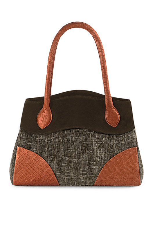 Dark brown and terracotta orange women's dress handbag, matching pumps and belts. Top view - Florence KOOIJMAN